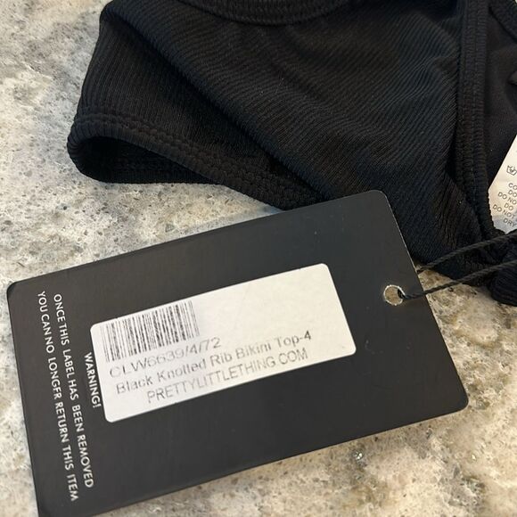 👙 Pretty Little Thing Black Knotted Rib Bikini Top - Size 0 - New With Tags - Picture 3 of 5